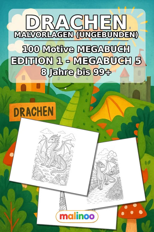 Drachen Malbuch 100 Ausmalbilder gedruckt, ungebunden – Cover