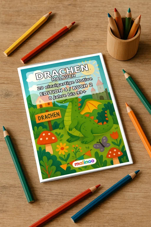 Drachen Malbuch 20 Ausmalbilder gedruckt und gebunden – Mockup-Ansicht