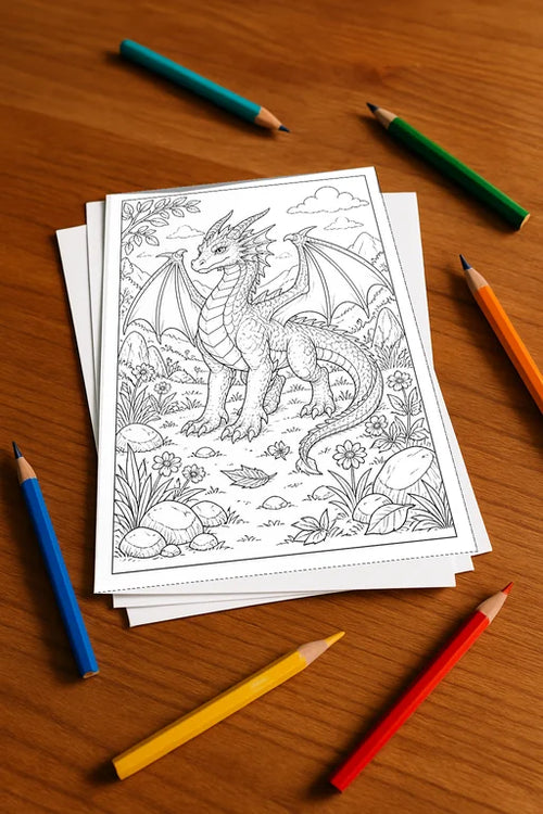 Drachen Malbuch 20 Ausmalbilder gedruckt, ungebunden – Mockup-Ansicht