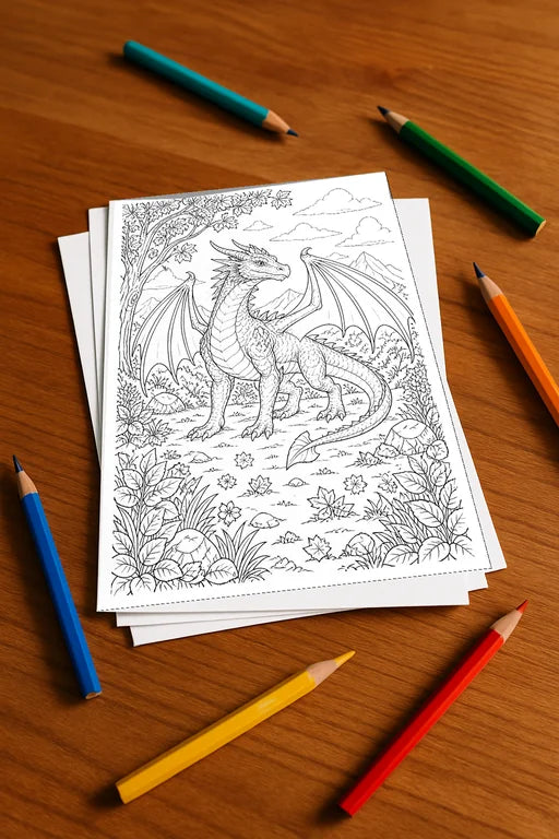 Drachen Malbuch 20 Ausmalbilder gedruckt+lose – Mockup-Ansicht
