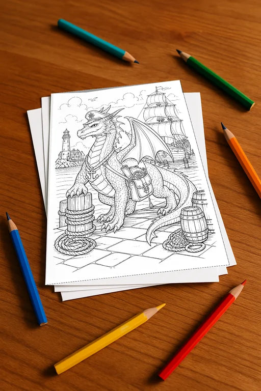 Drachen Malbuch 50 Ausmalbilder gedruckt, ungebunden – Mockup-Ansicht