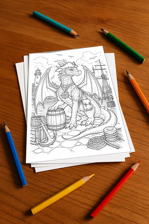 Drachen Malbuch 50 Ausmalbilder gedruckt+lose – Mockup-Ansicht