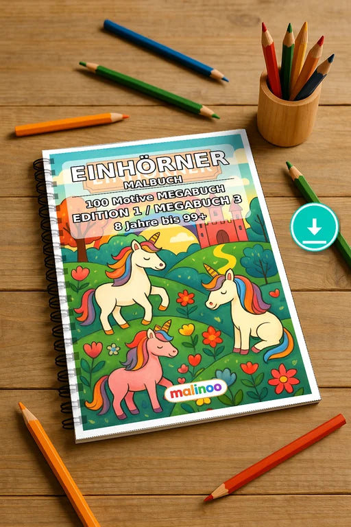 Einhörner Malbuch 100 Ausmalbilder PDF Download – Mockup-Ansicht