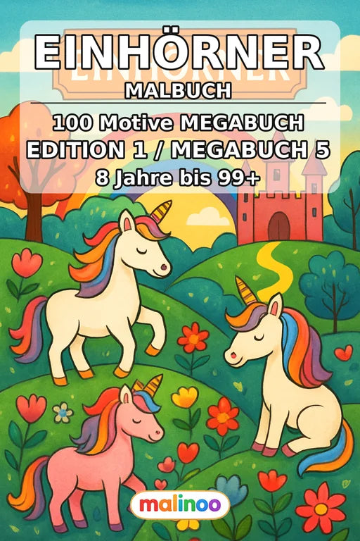 Einhörner Malbuch 100 Ausmalbilder gedruckt+gebunden – Cover