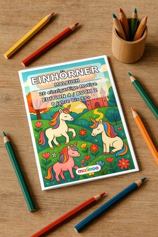 Einhörner Malbuch 20 Ausmalbilder gedruckt+gebunden – Mockup-Ansicht