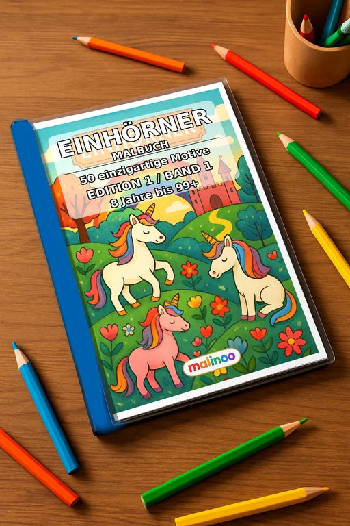 Einhörner Malbuch 50 Ausmalbilder gedruckt+gebunden – Mockup-Ansicht