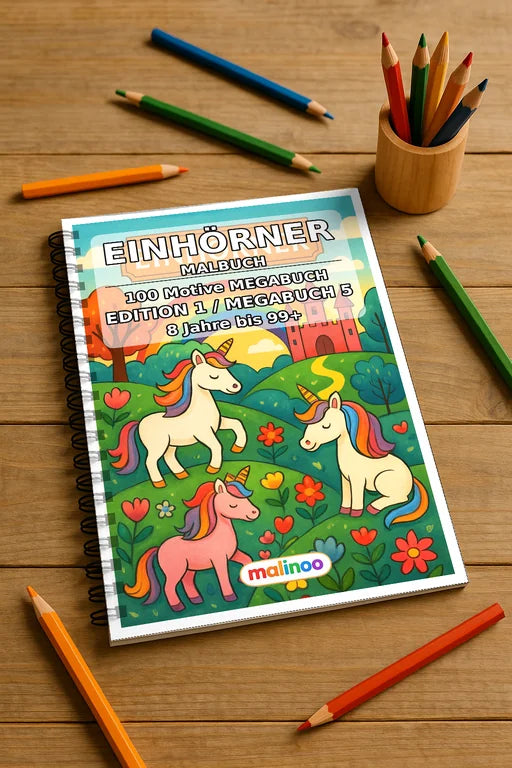 Einhorn Malbuch 100 Ausmalbilder gedruckt und gebunden – Mockup-Ansicht