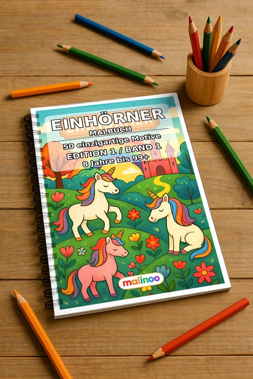 Einhorn Malbuch 50 Ausmalbilder gedruckt und gebunden – Mockup-Ansicht