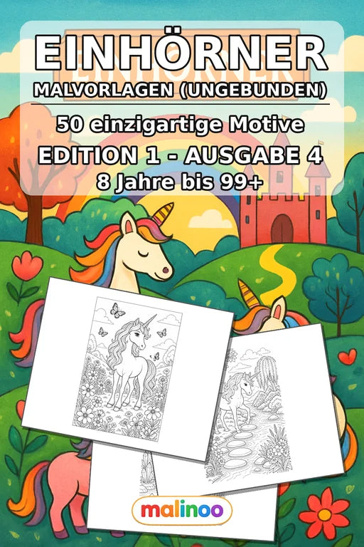 Einhorn Malbuch 50 Ausmalbilder gedruckt, ungebunden – Cover