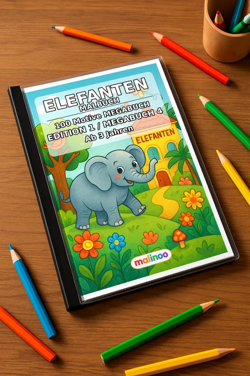 Elefanten Malbuch 100 Ausmalbilder gedruckt+gebunden – Mockup-Ansicht