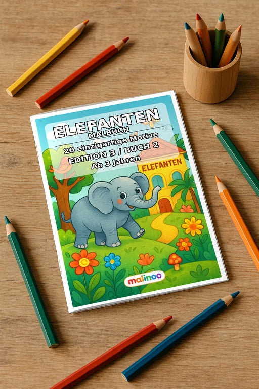 Elefanten Malbuch 20 Ausmalbilder gedruckt+gebunden – Mockup-Ansicht