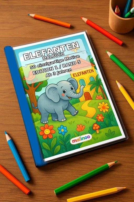 Elefanten Malbuch 50 Ausmalbilder gedruckt+gebunden – Mockup-Ansicht