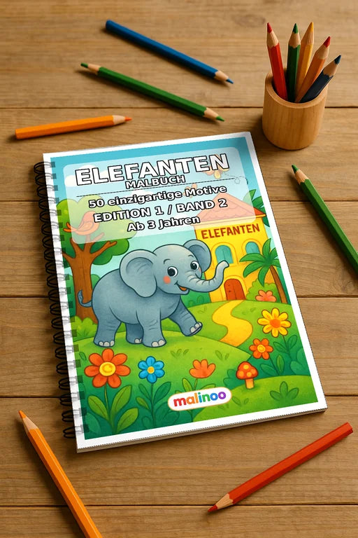 Elefanten Malbuch 50 Ausmalbilder gedruckt und gebunden – Mockup-Ansicht