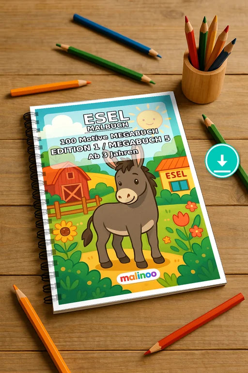 Esel Malbuch 100 Ausmalbilder PDF Download – Mockup-Ansicht