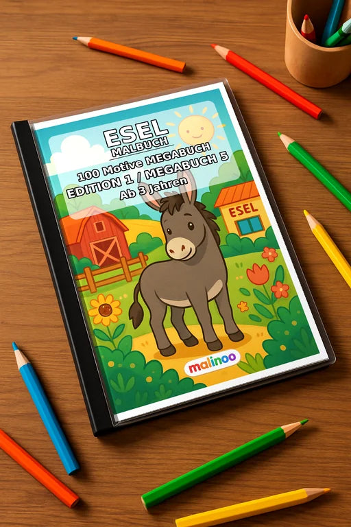 Esel Malbuch 100 Ausmalbilder gedruckt+gebunden – Mockup-Ansicht