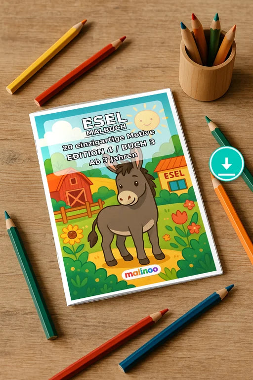 Esel Malbuch 20 Ausmalbilder PDF Download – Mockup-Ansicht