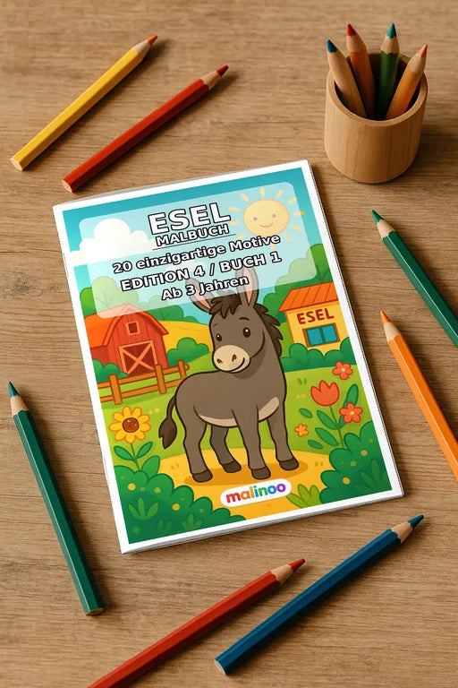Esel Malbuch 20 Ausmalbilder gedruckt+gebunden – Mockup-Ansicht