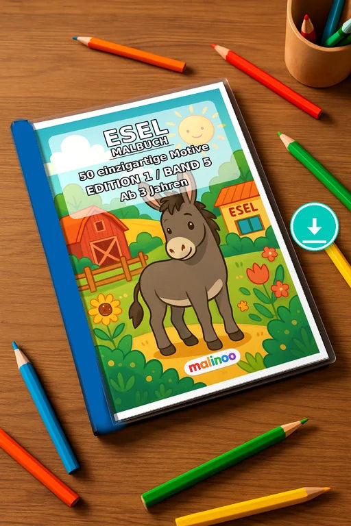 Esel Malbuch 50 Ausmalbilder PDF Download – Mockup-Ansicht