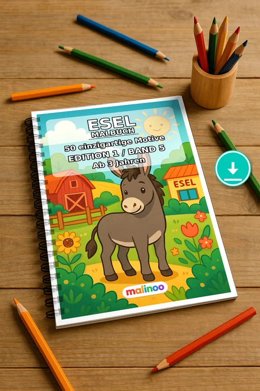 Esel Malbuch 50 Ausmalbilder PDF Download digital – Mockup-Ansicht