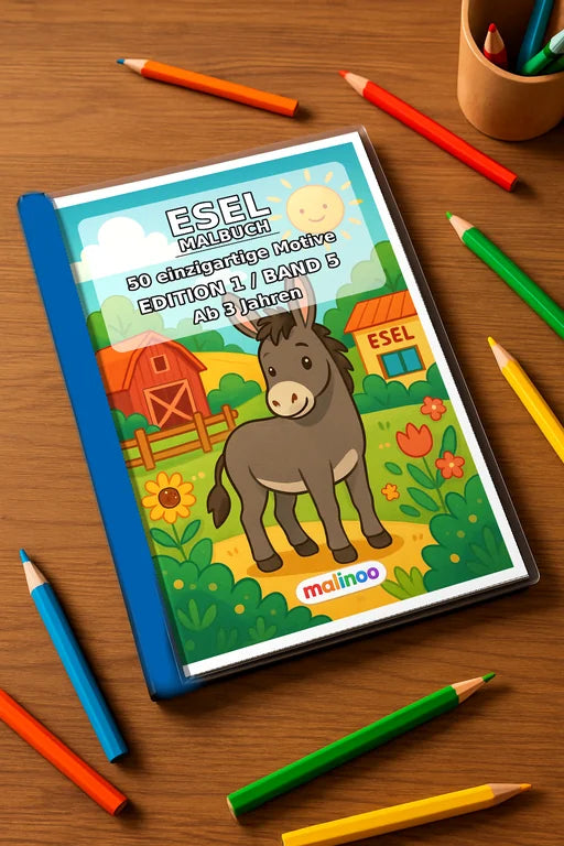 Esel Malbuch 50 Ausmalbilder gedruckt+gebunden – Mockup-Ansicht
