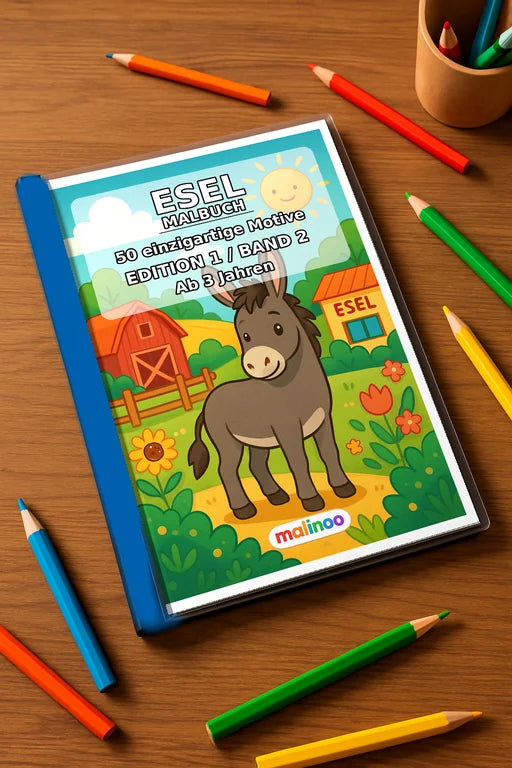 Esel Malbuch 50 Ausmalbilder gedruckt+gebunden – Mockup-Ansicht