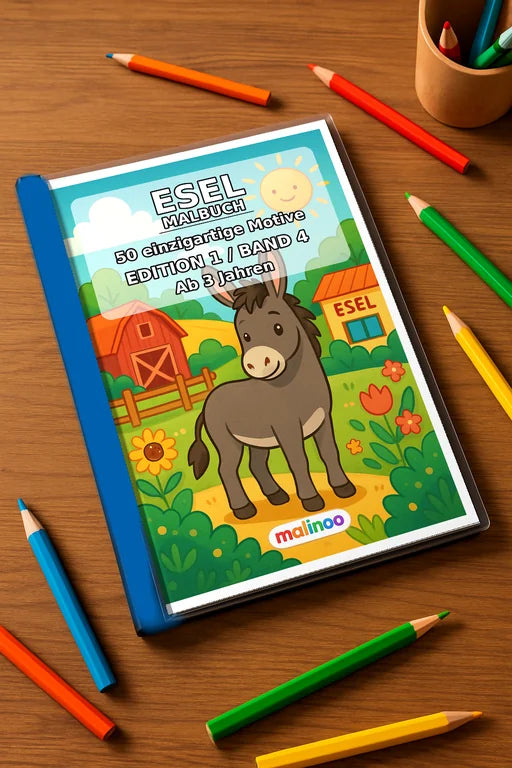 Esel Malbuch 50 Ausmalbilder gedruckt+gebunden – Mockup-Ansicht