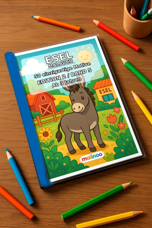 Esel Malbuch 50 Ausmalbilder gedruckt+gebunden – Mockup-Ansicht
