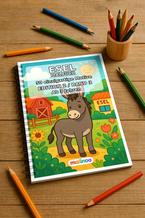 Esel Malbuch 50 Ausmalbilder gedruckt und gebunden – Mockup-Ansicht