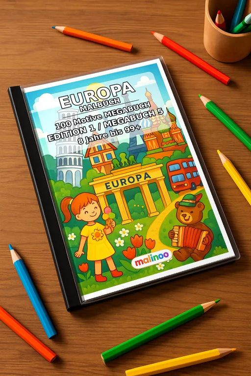 Europa Malbuch 100 Ausmalbilder gedruckt+gebunden – Mockup-Ansicht