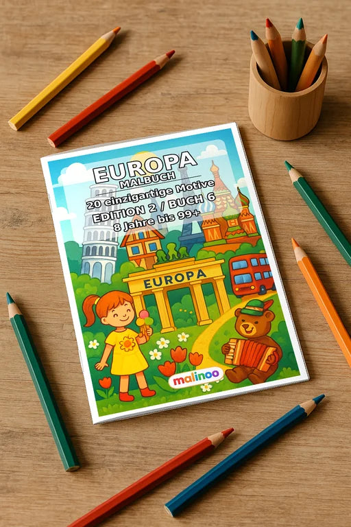 Europa Malbuch 20 Ausmalbilder gedruckt+gebunden – Mockup-Ansicht