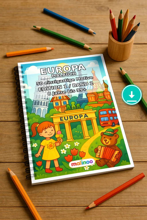 Europa Malbuch 50 Ausmalbilder PDF Download – Mockup-Ansicht