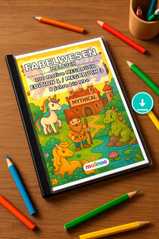 Fabelwesen Malbuch 100 Ausmalbilder PDF Download – Mockup-Ansicht