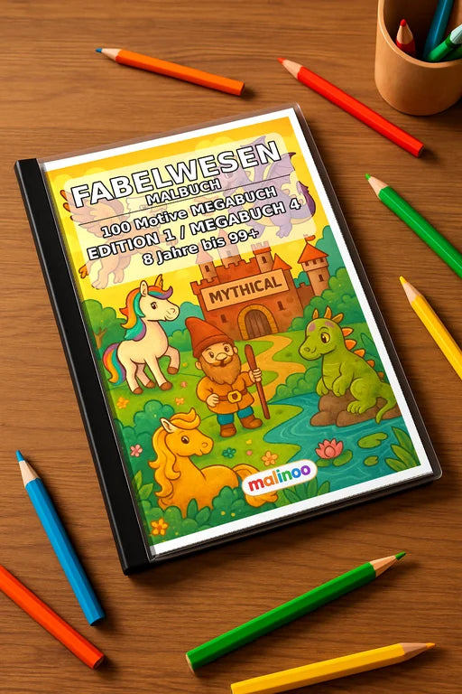Fabelwesen Malbuch 100 Ausmalbilder gedruckt+gebunden – Mockup-Ansicht