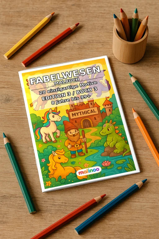 Fabelwesen Malbuch 20 Ausmalbilder gedruckt+gebunden – Mockup-Ansicht