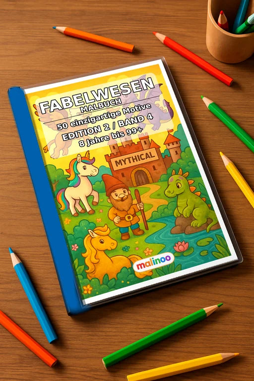 Fabelwesen Malbuch 50 Ausmalbilder gedruckt+gebunden – Mockup-Ansicht