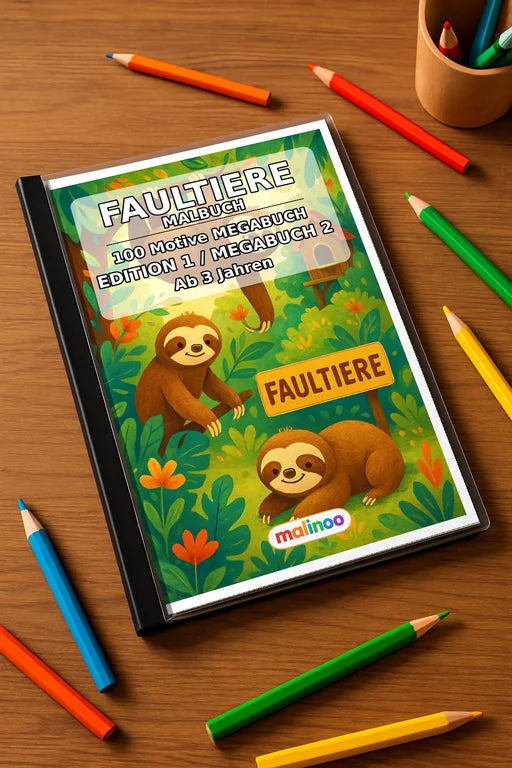 Faultiere Malbuch 100 Ausmalbilder gedruckt+gebunden – Mockup-Ansicht