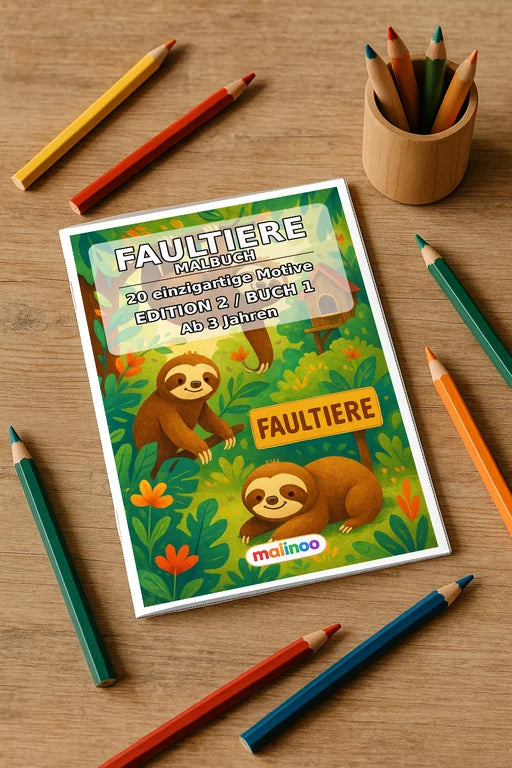 Faultiere Malbuch 20 Ausmalbilder gedruckt+gebunden – Mockup-Ansicht