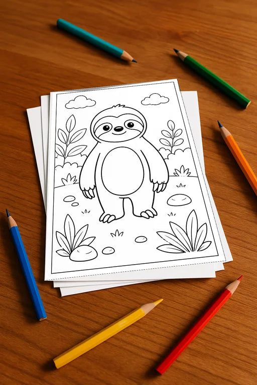 Faultiere Malbuch 20 Ausmalbilder gedruckt, ungebunden – Mockup-Ansicht