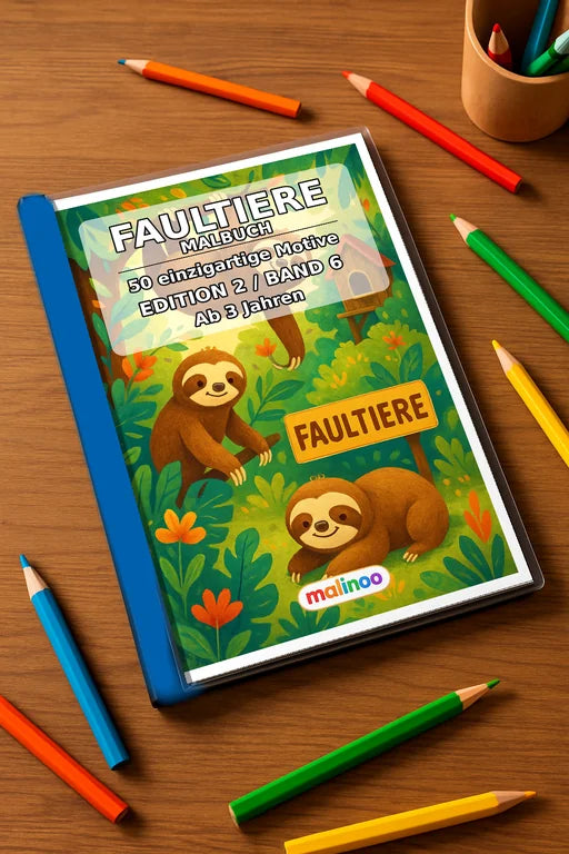 Faultiere Malbuch 50 Ausmalbilder gedruckt+gebunden – Mockup-Ansicht