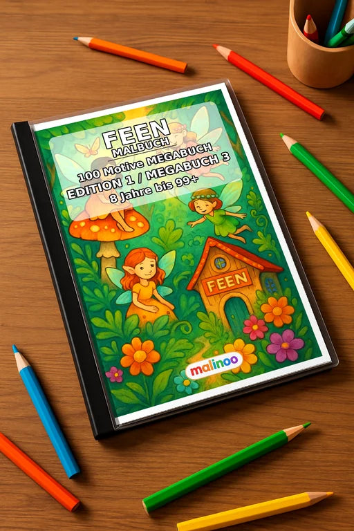 Feen Malbuch 100 Ausmalbilder gedruckt+gebunden – Mockup-Ansicht