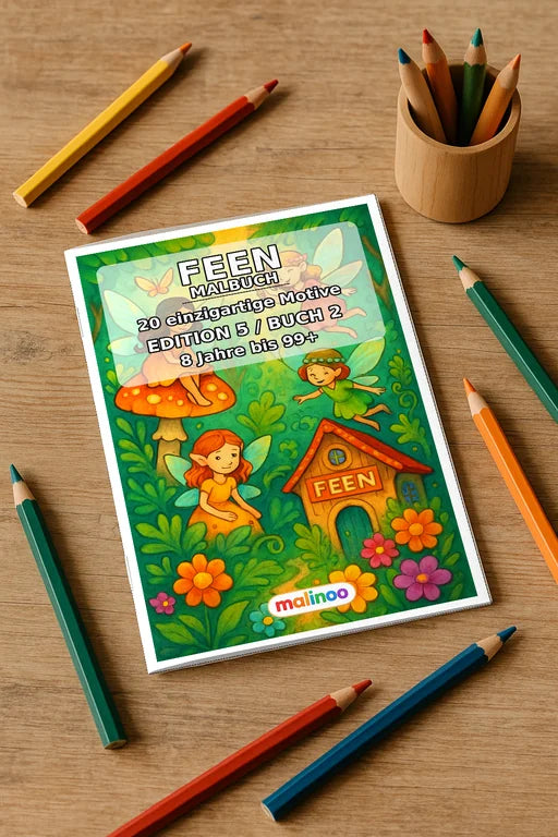 Feen Malbuch 20 Ausmalbilder gedruckt+gebunden – Mockup-Ansicht
