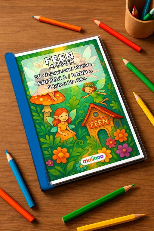 Feen Malbuch 50 Ausmalbilder gedruckt+gebunden – Mockup-Ansicht
