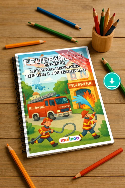 Feuerwehr Malbuch 100 Ausmalbilder PDF Download digital – Mockup-Ansicht