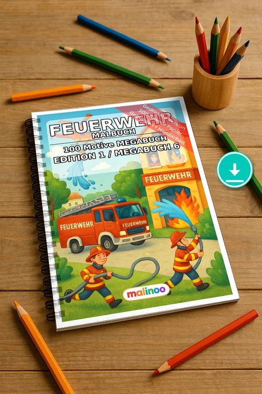 Feuerwehr Malbuch 100 Ausmalbilder PDF Download digital – Mockup-Ansicht