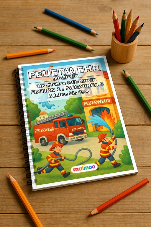 Feuerwehr Malbuch 100 Ausmalbilder gedruckt und gebunden – Mockup-Ansicht