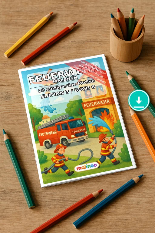 Feuerwehr Malbuch 20 Ausmalbilder PDF Download digital – Mockup-Ansicht