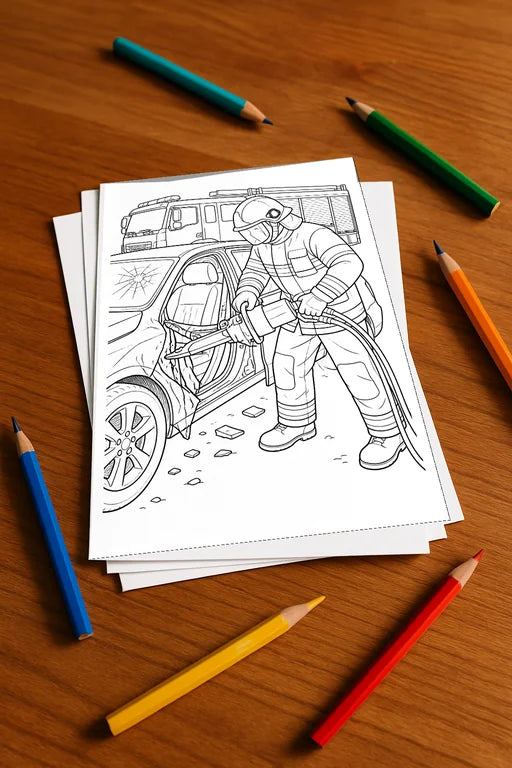 Feuerwehr Malbuch 20 Ausmalbilder gedruckt, ungebunden – Mockup-Ansicht