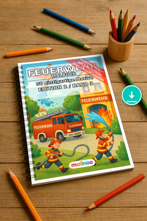 Feuerwehr Malbuch 50 Ausmalbilder PDF Download digital – Mockup-Ansicht