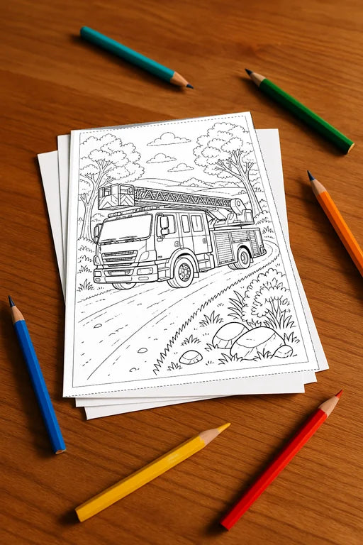Feuerwehr Malbuch 50 Ausmalbilder gedruckt, ungebunden – Mockup-Ansicht
