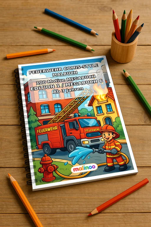 Feuerwehr Comis-Style Malbuch 100 Ausmalbilder gedruckt und gebunden – Mockup-Ansicht
